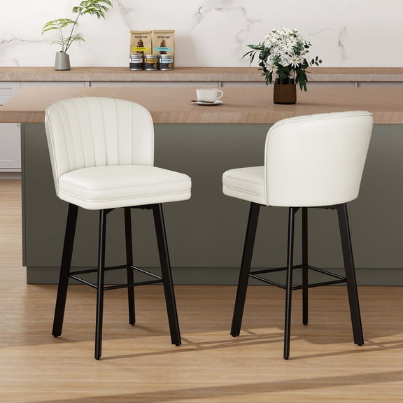 MultiHaven 30" Shell Back Bar Stools Set of 2,Swivel Counter Height PU Leather Chairs with Metal Legs for Kitchen Island,Bar,Cafe - White