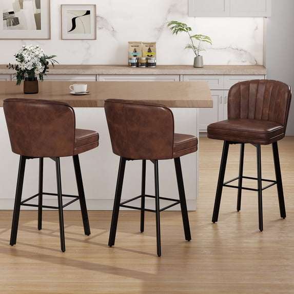 MultiHaven 30" Shell Back Bar Stools Set of 3,Swivel Counter Height PU Leather Chairs with Metal Legs for Kitchen Island,Bar,Cafe - Brown