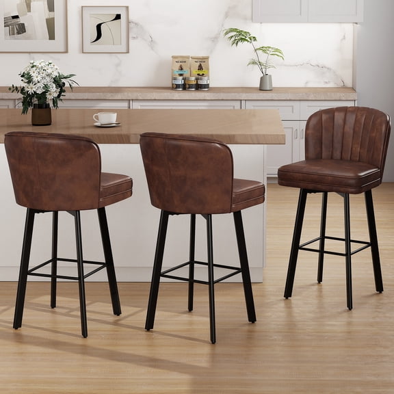 MultiHaven 30" Shell Back Bar Stools Set of 3,Swivel Counter Height PU Leather Chairs with Metal Legs for Kitchen Island,Bar,Cafe - Brown
