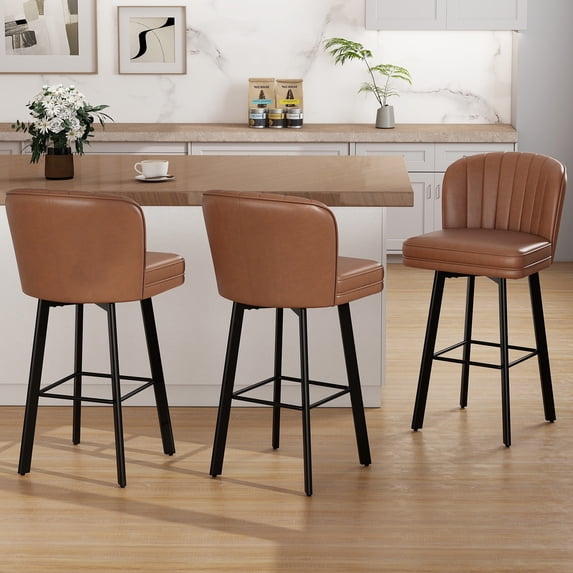 MultiHaven 30" Shell Back Bar Stools Set of 3,Swivel Counter Height PU Leather Chairs with Metal Legs for Kitchen Island,Bar,Cafe - Dark Brown