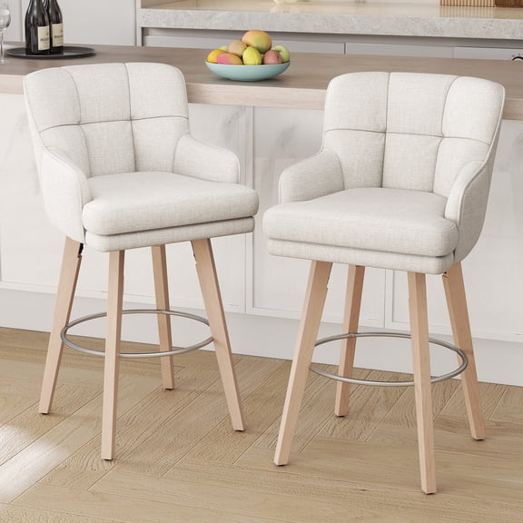 MultiHaven 30" Swivel Bar Stools Set of 2,Counter Height Chair with Plaid Back&Armrests,Solid Wood Legs Fabric Stools for Kitchen Island,Bar,Cafe - Beige