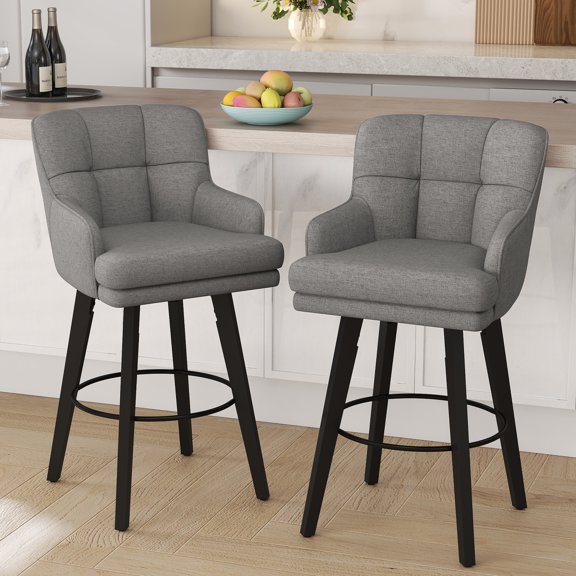 MultiHaven 30" Swivel Bar Stools Set of 2,Counter Height Chair with Plaid Back&Armrests,Solid Wood Legs Fabric Stools for Kitchen Island,Bar,Cafe - Mid Grey