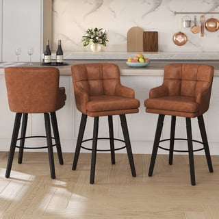 MultiHaven 30" Swivel Bar Stools Set of 3,Counter Height Chair with Plaid Back&Armrests,Solid Wood Legs PU Leather Stools for Kitchen Island,Bar,Cafe - Brown