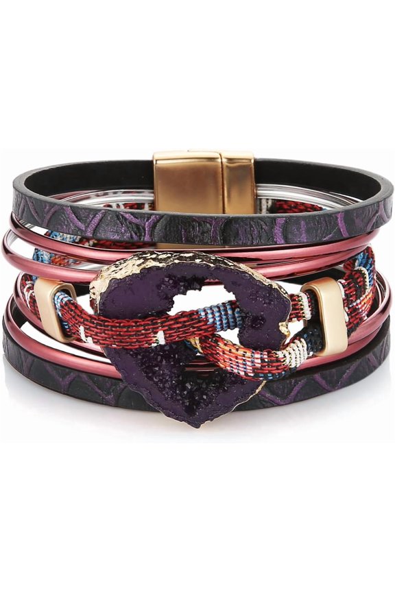 MultiLayer Boho Leather Wrap Energy Stone Bracelet for Women Crater Shape Cuff Bangle Bracelets Jewelry Gift