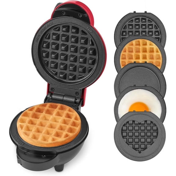 MultiMaker Mini System - Compact Waffle Maker for Family Breakfasts - Removable Griddle Plates & nonstick surface - 5 Plates - Red