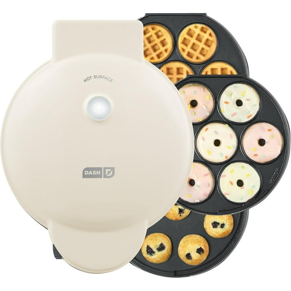 Treat Maker System with Waffle Bite, Mini Donut, & Mini Cupcake Plates Cream: Nonstick, 7 Cavities, 800W