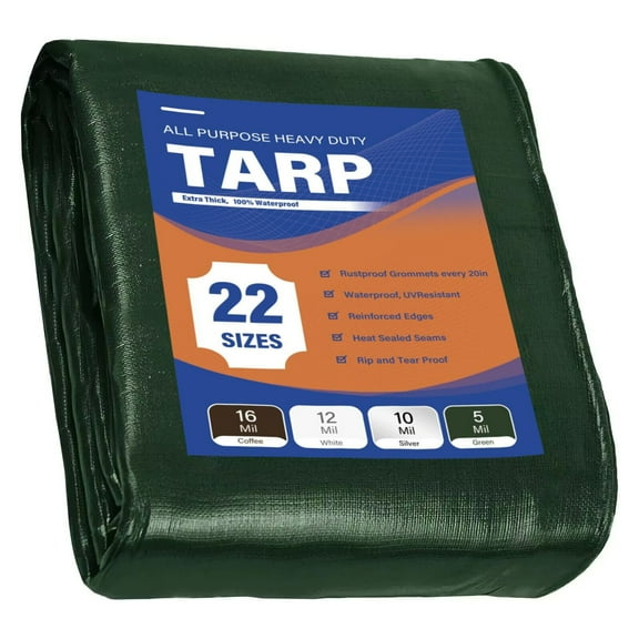 MultiPurpose Waterproof Heavy Duty Tarp 20 x 20ft Green UV Resistant Rip and Tear Proof 5 Mil Tarpaulin with Reinforced Edges&Grommets for Roof, Camping, Patio, Pool Cover, Boat