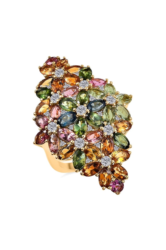 MultiTourmaline and White Zircon 11.35 ctw Bunch of Flowers Ring in 18K Vermeil Yellow Gold Over Sterling Silver Size 7 Christmas Gifts