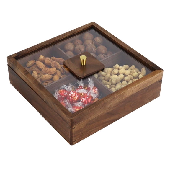 Multibey 4-Compartment Snack Tray with Lid - North American Walnut Serving Platter for Dry Fruits/Nuts/Candy, Multi-Purpose Party Food Storage Container