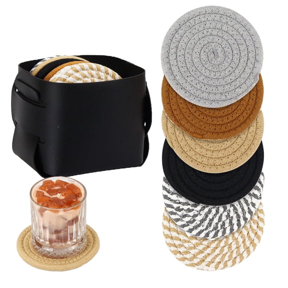 Multibey 6-Piece Cotton Drink Coasters Set with Leather Holder - Absorbent Cute Woven Coasters for Home Decor, Table Protection, Fits All Cups