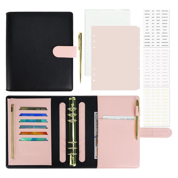 Multibey A5 Leather Binder Cover - Refillable 6-Ring Planner Organizer with Refill Paper, Dividers, Gold Pen & 3 Stickers, Leather Travel Journal Notebook Cover (Black & Pink)