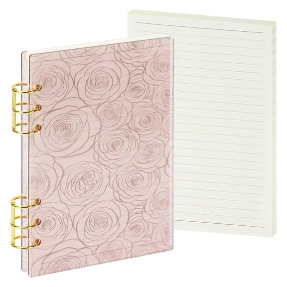 Multibey Lay-Flat A5 Acrylic Planner Binder - 6-Ring Notebook with 90 Refill Papers, Rose Gold Metal Rings