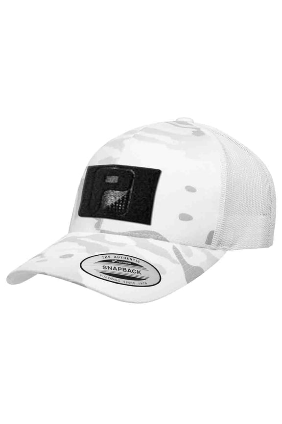 Multicam Camo Curved Bill Snapback Trucker Hat | Alpine White Camo & White | 2x3 in Loop Surface for Patches