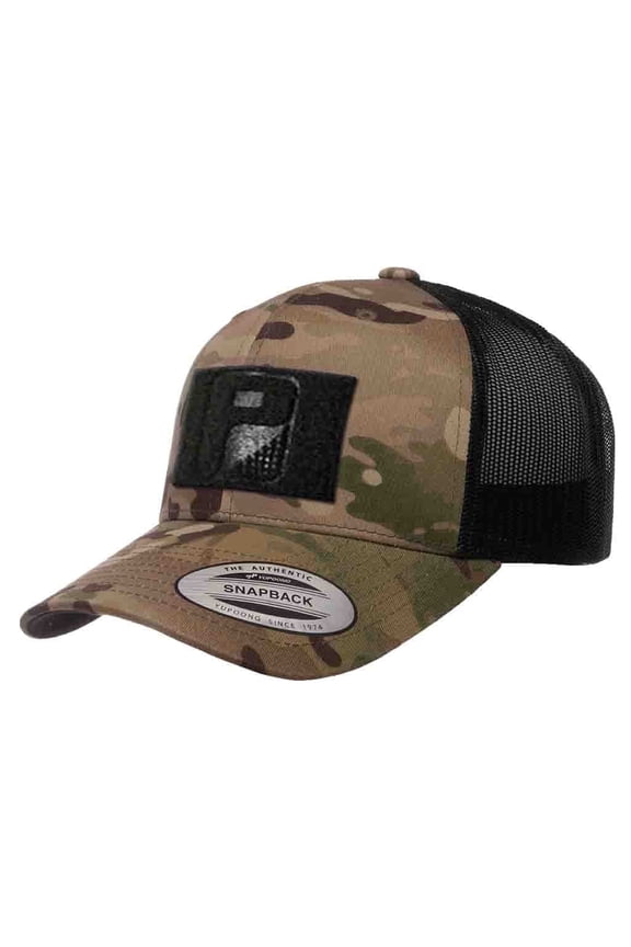 Multicam Camo Curved Bill Snapback Trucker Hat | Camo & Black Tactical Cap | 2x3 in Loop Surface for Patches