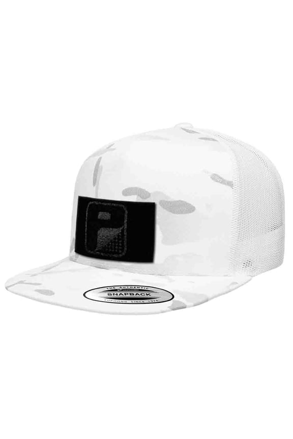 Multicam Trucker Flat Bill Snapback Hat by Pull Patch Alpine White Camo/White