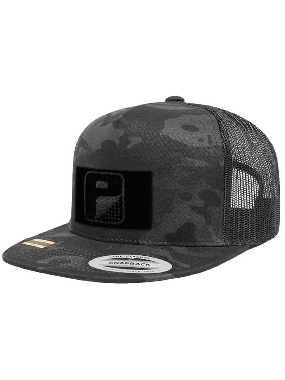 Multicam Camo Flat Bill Snapback Trucker Hat | Black Camo & Black Cap | 2x3 in Loop Surface to Attach Morale Patches