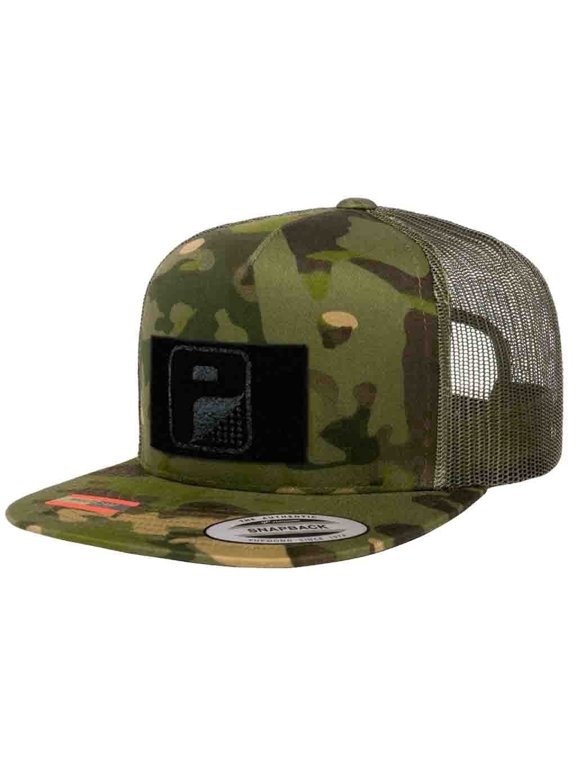 Multicam Camo Flat Bill Snapback Trucker Hat | Tropical Camo & Green Tactical Cap | 2x3 in Loop Surface to Attach Morale Patches