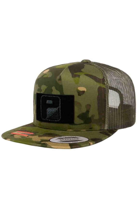 Multicam Camo Flat Bill Snapback Trucker Hat | Tropical Camo & Green Tactical Cap | 2x3 in Loop Surface to Attach Morale Patches