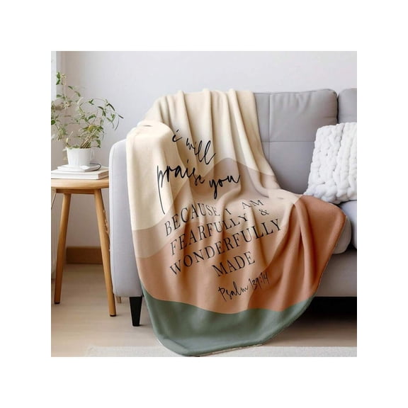 Multicolor 1 Flannel Throw Blanket With Psalm 139:14 Verse, Boho Style Cozy Sofa Bed Decor