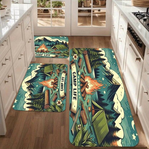 Multicolor 1 Vintage Camp Life Kitchen Mat Set – Soft Flannel, Non-Slip Silicone Backing, Rustic Outdoor Design With Fire, Tent & Mountains