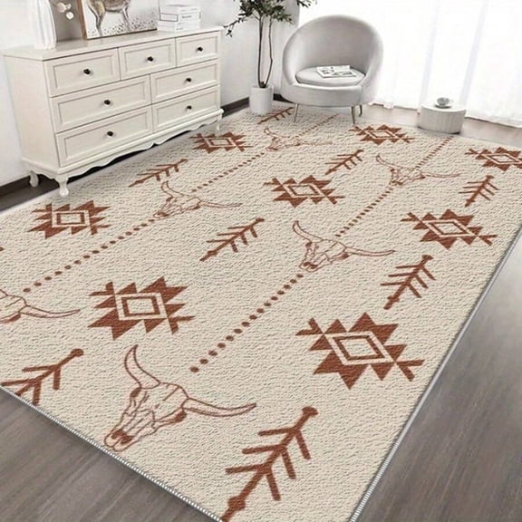 Multicolor 10 Southwestern Cow Skull & Geometric Pattern Area Rug, Flannel Print, Non-Slip Rubber Backing, Machine Washable