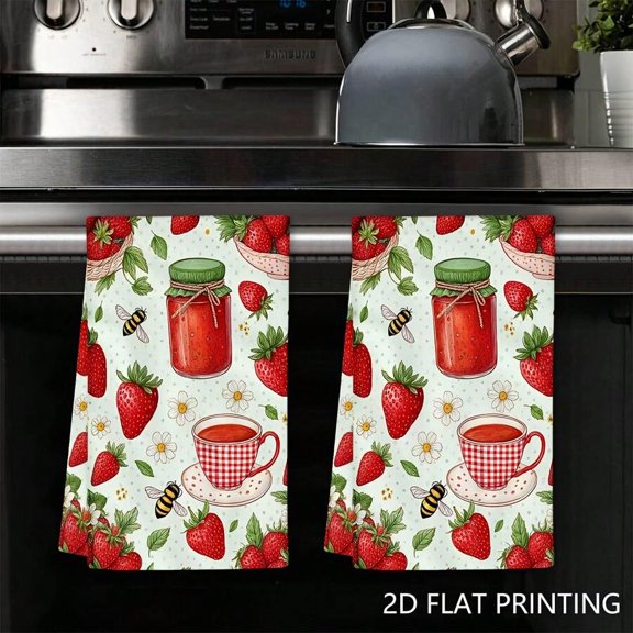 Multicolor 10 Summer Strawberry Jam Gingham Kitchen Towels, Cartoon Mason