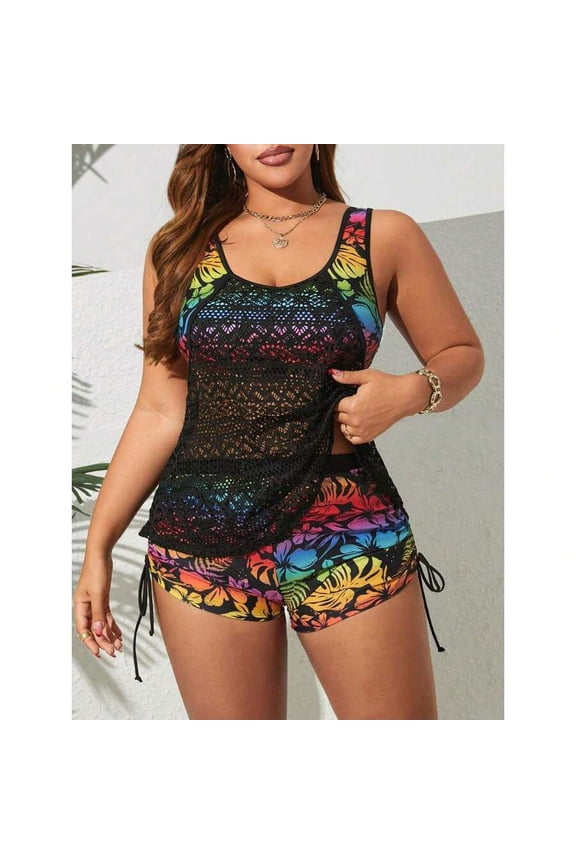 Multicolor 102 Womens 3-Piece Swimsuit Set With Crochet Mesh Cover-Up &