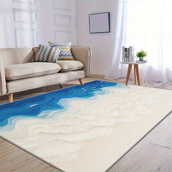 Multicolor 11 Coastal Wave Area Rug - Ocean Blue & Sand Design, Non-Slip, Machine Washable Indoor/Outdoor Floor Mat