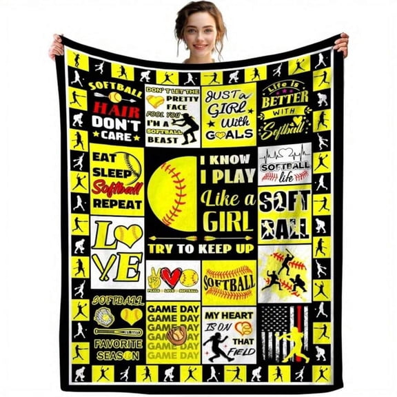 Multicolor 12 Softball-Themed Flannel Throw Blanket For Adults, Bold Yellow Black Graphic Design, 2D Printed Sofa & Travel Blanket
