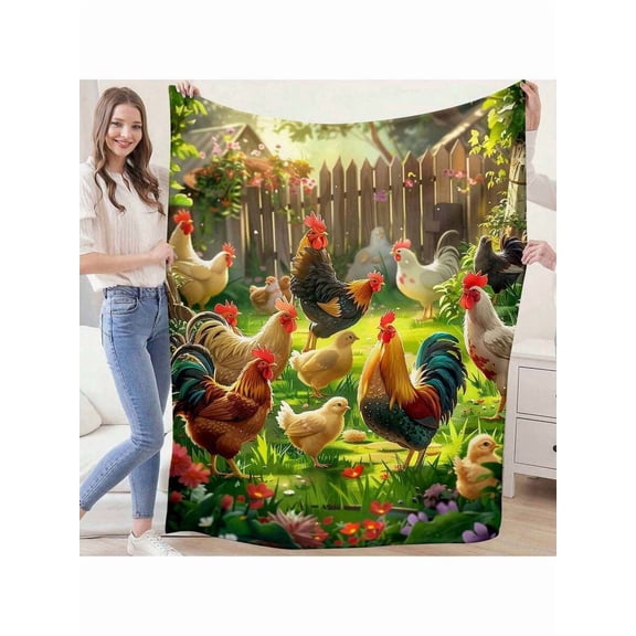 Multicolor 13 Chicken Farm Scene Throw Blanket, Vibrant Roosters & Chicks On Lush Garden Background For Sofa Bed Decor
