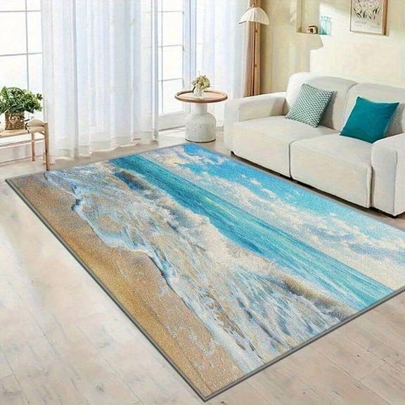 Multicolor 13 Coastal Beach Area Rug - Ocean Waves & Sand Design, Non-Slip, Machine Washable Indoor/Outdoor Floor Mat