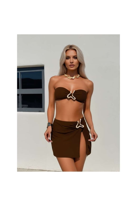 Multicolor 1689 Women - Chocolate Brown 2 Piece Bikini Set With Wrap Skirt