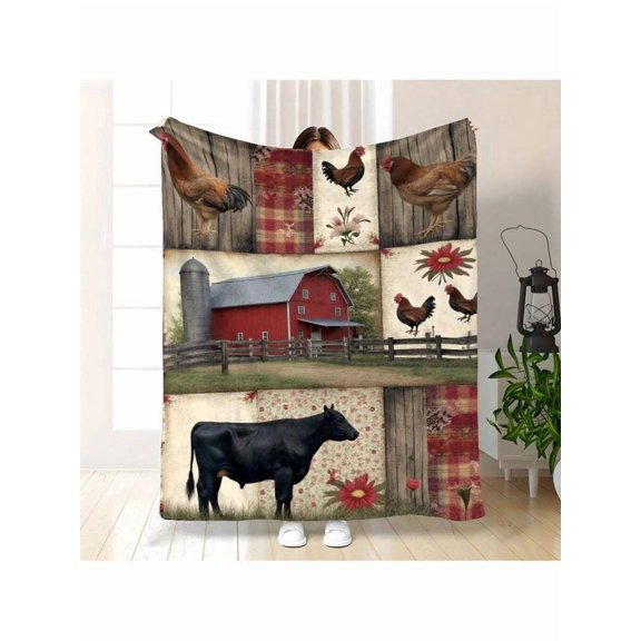 Multicolor 17 Farmhouse Patchwork Throw Blanket With Roosters, Red Barn, Cow & Floral Motifs