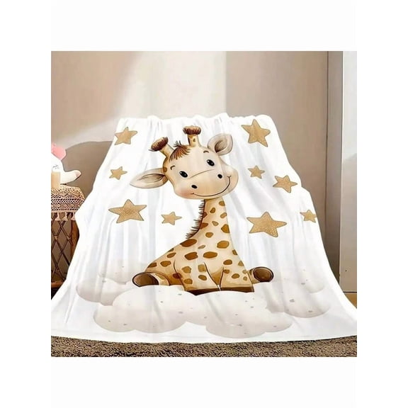 Multicolor 17 Giraffe Illustration Plush Throw Blanket – White Base With Gold Stars, Soft Flannel, All-Season Use