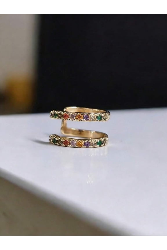 Multicolor 2 Goldtone Rhinestone Double Band Clip-On Ear Cuff For Adults,Multicolor 2,Rainbow