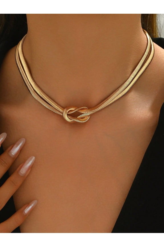 Multicolor-2 Goldtone Snake Chain Knot Choker Necklace, Minimalist Clavicle Jewelry For Everyday And Evening Wear