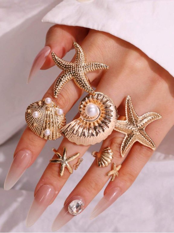 Multicolor-2 Goldtone Starfish Shell Stacking Ring Set 6 Pieces