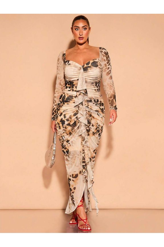 Multicolor-2 Leopard Print Ruched Wrap Long Sleeve Maxi Dress
