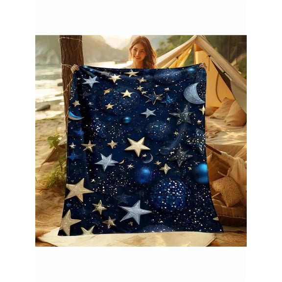 Multicolor 2 Starry Sky Flannel Throw Blanket – Plush Polyester, Metallic Stars & Moons, Deep Blue Cosmic Design