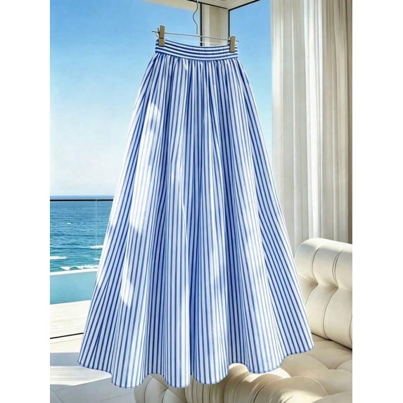 Multicolor 2 Womens Blue And White Striped Pleated Maxi Skirt Flowing A-Line Summer Vacation Skirt