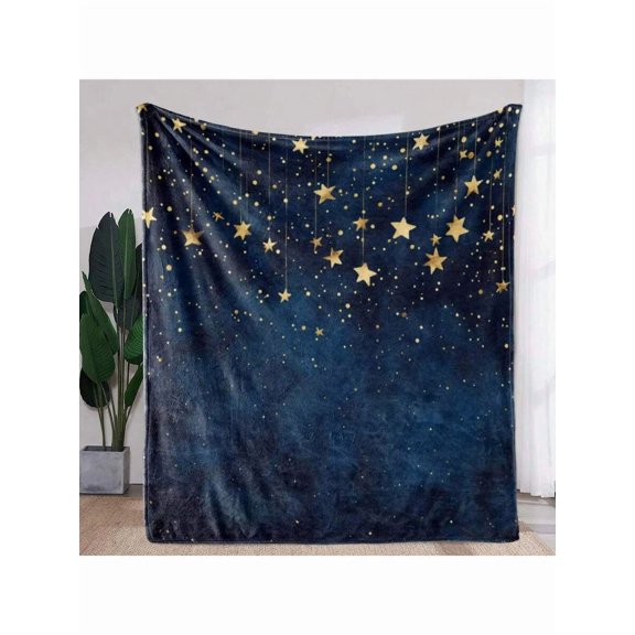 Multicolor 20 Starry Sky Flannel Throw Blanket – Deep Navy Base With Metallic Gold Stars, Plush Polyester, Cozy Lightweight Design