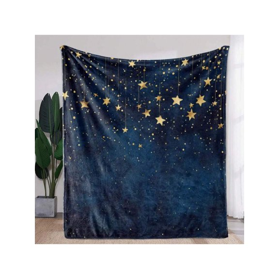 Multicolor 20 Starry Sky Flannel Throw Blanket – Deep Navy Base With Metallic Gold Stars, Plush Polyester, Cozy Lightweight Design