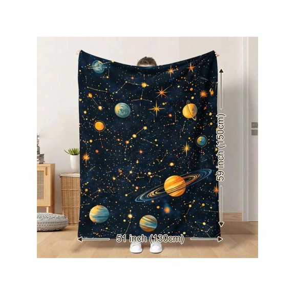 Multicolor 21 Starry Sky Flannel Throw Blanket – Soft Plush Polyester, Deep Navy Cosmic Print With Iridescent Planets & Golden Stars