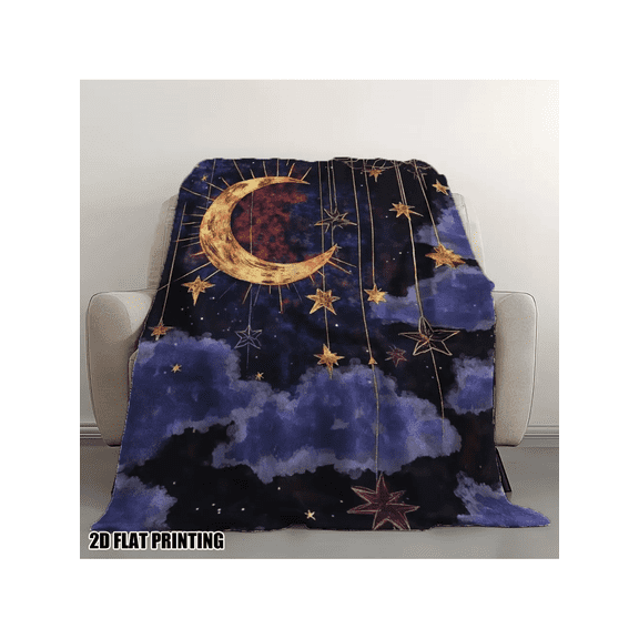 Multicolor 23 Starry Sky Flannel Throw Blanket – Plush Polyester, Metallic Gold Crescent Moon & Iridescent Stars On Deep Cosmic Blue