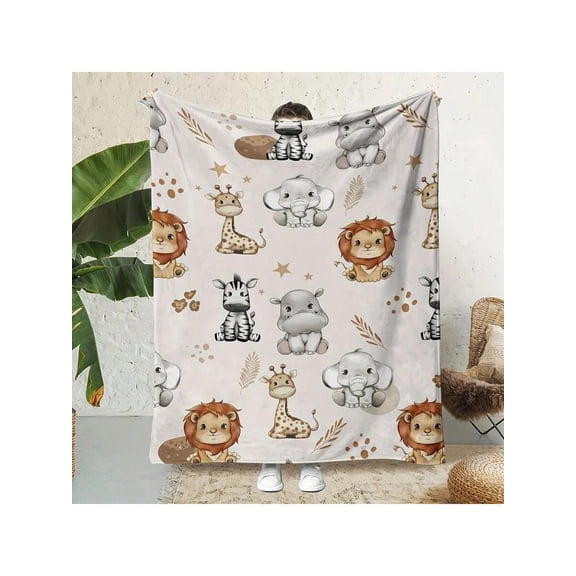 Multicolor 24 Jungle Animal Illustration Plush Throw Blanket – Beige Base With Gold Accents, Soft Flannel, All-Season Use