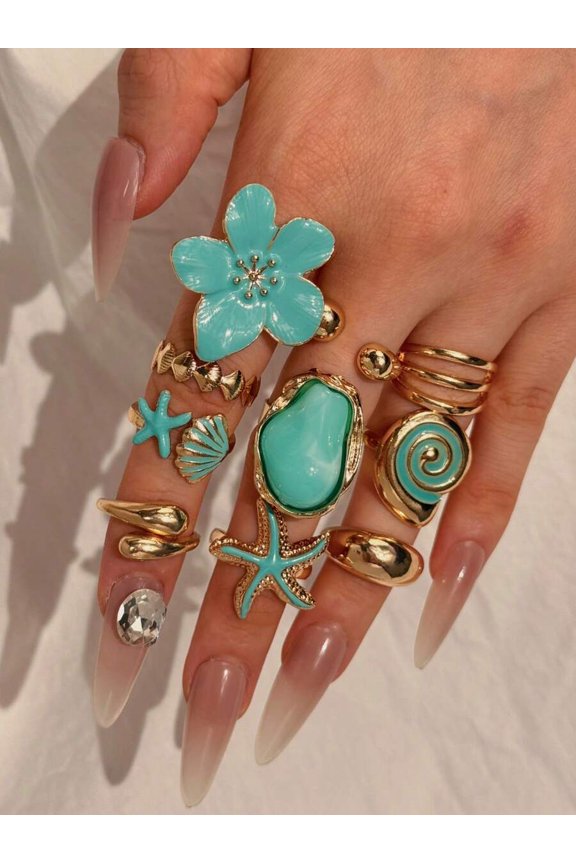 Multicolor-3 Goldtone Turquoise Starfish Shell Stacking Ring Set 6 Pieces