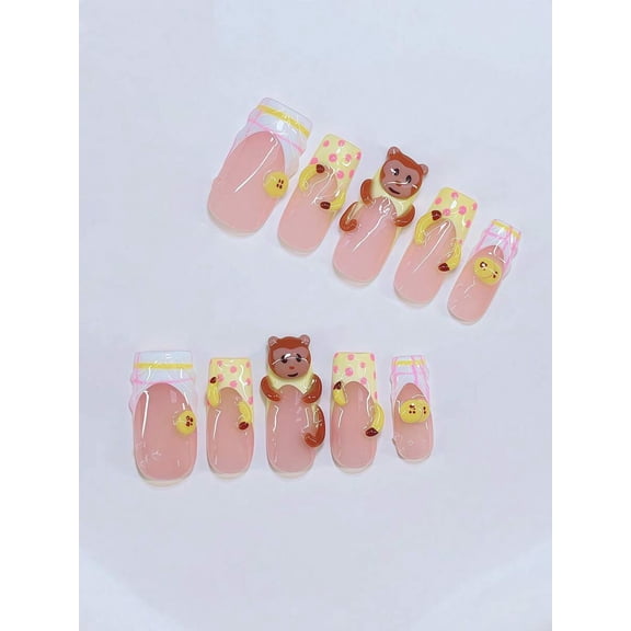 Multicolor 3D Monkey & Banana Press-On Nails Set - 10 Pieces, Handcrafted