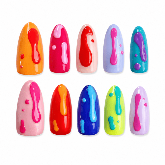 Multicolor 3D Water Drop Press on Nails, Medium Almond Glossy False Nails, 30 Count