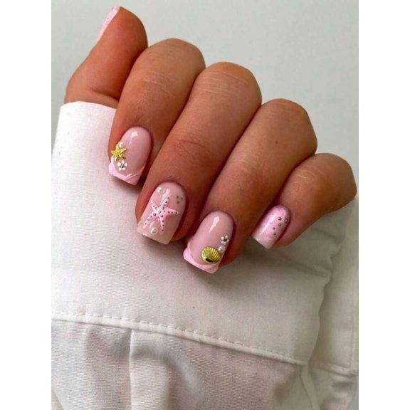 Multicolor-4 Press-On Nails With 3D Starfish, Shell & Pearl Accents