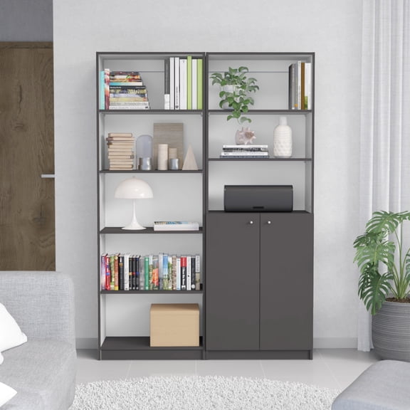 Multicolor 49 Wide 8-Shelf Bookcase Set with Double Door Cabinet, 2 Piece Home Bookcases for Living Room, Particle Board, Matte Gray-White